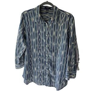 Chaps Denim Womens XL Blue Striped Button Down Shirt 100% Cotton Roll Tab Sleeve